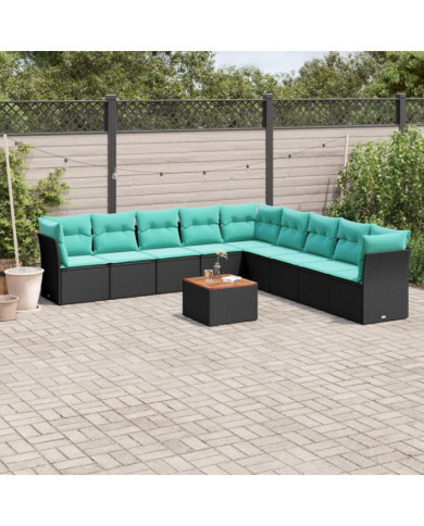 Salon de jardin 10 pcs avec coussins noir résine tressée | Mobilier & Déco