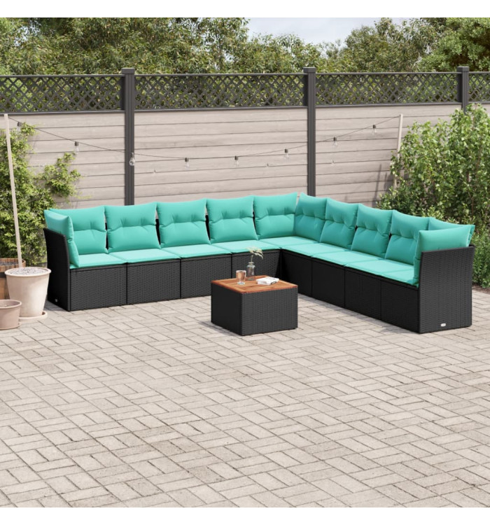 Salon de jardin 10 pcs avec coussins noir résine tressée | Mobilier & Déco