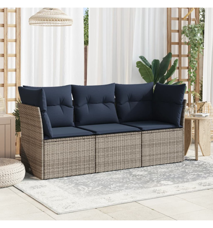 Salon de jardin avec coussins 3 pcs gris résine tressée | Mobilier & Déco