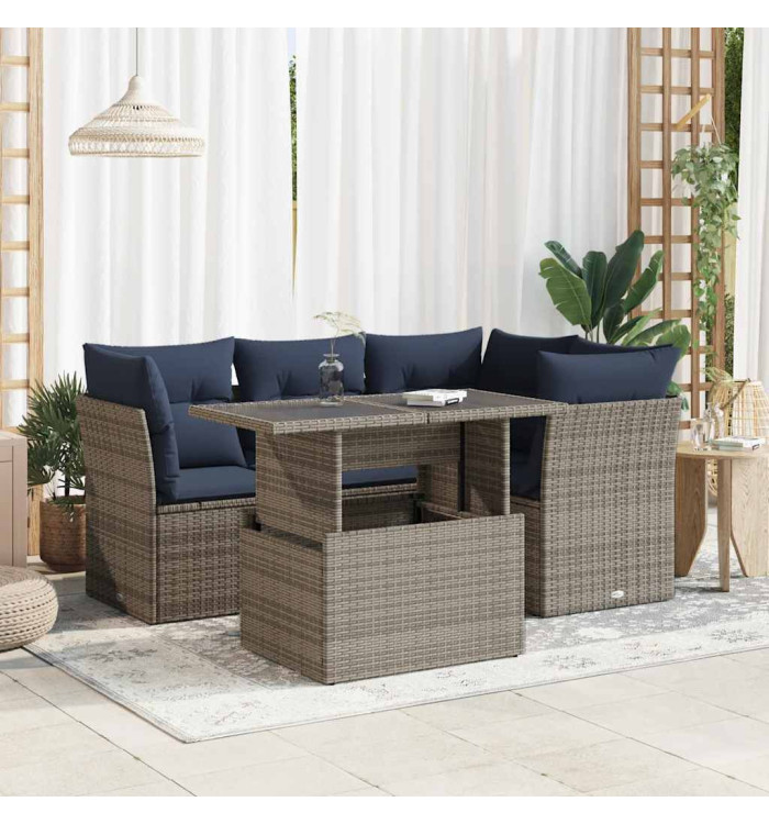 Salon de jardin 5 pcs avec coussins gris résine tressée acacia | Mobilier & Déco