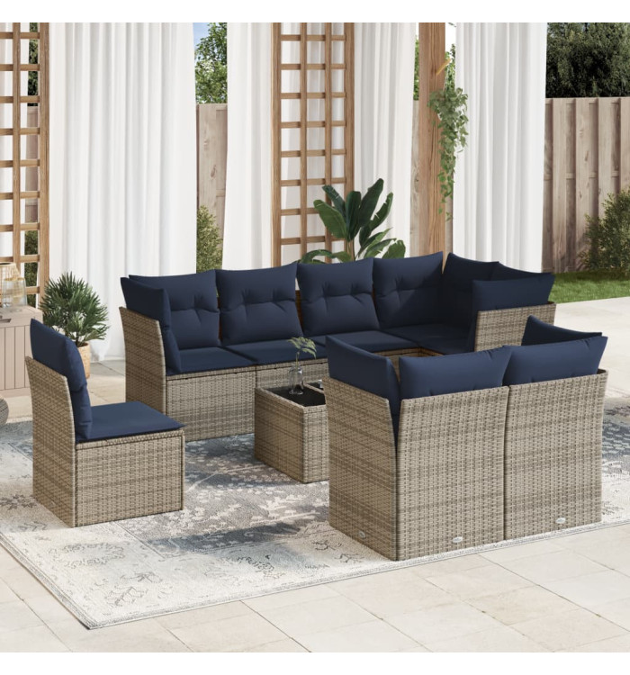 Salon de jardin 9 pcs avec coussins gris résine tressée | Mobilier & Déco