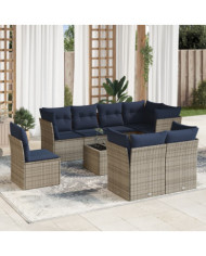 Salon de jardin 9 pcs avec coussins gris résine tressée | Mobilier & Déco