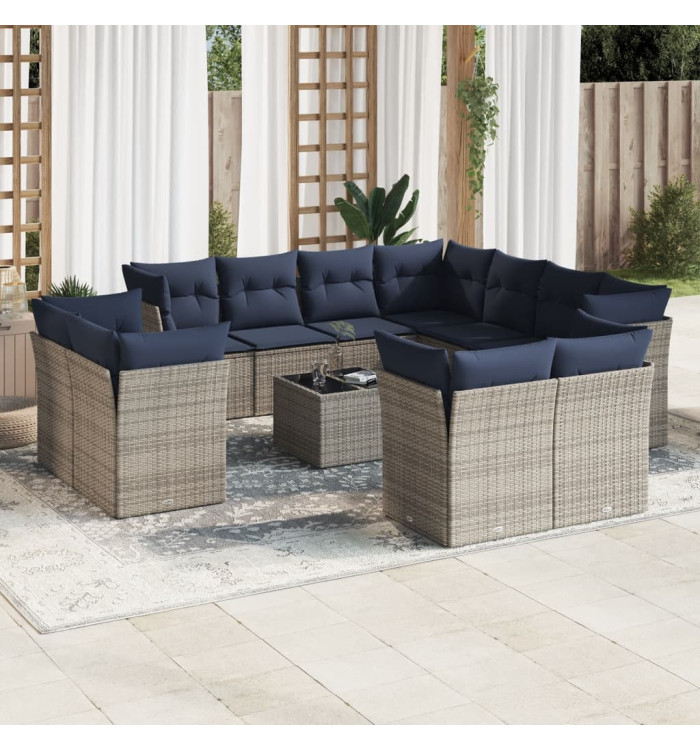 Salon de jardin avec coussins 12 pcs gris résine tressée | Mobilier & Déco