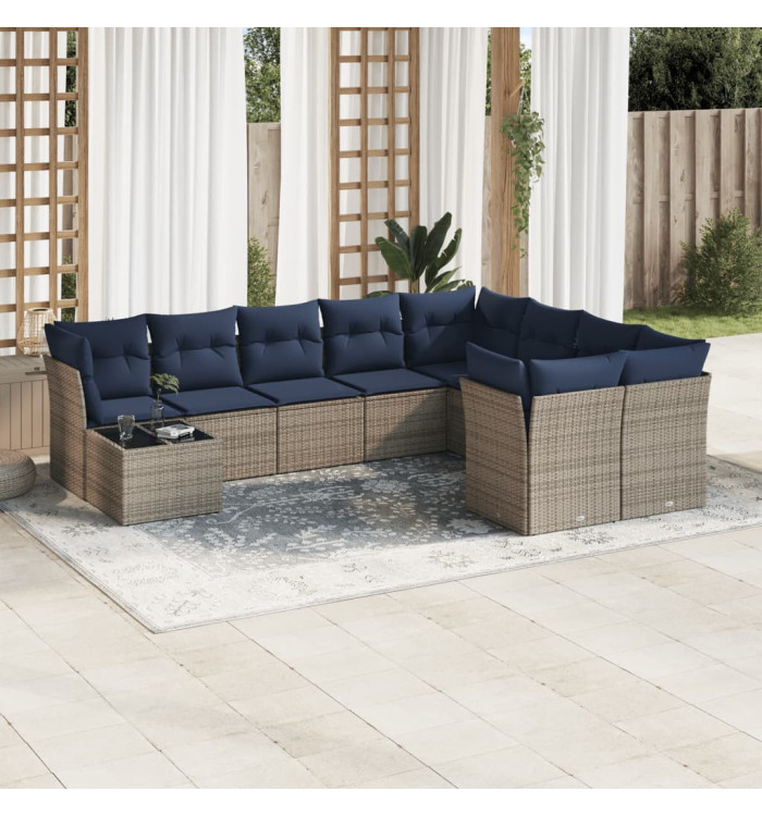 Salon de jardin 10 pcs avec coussins gris résine tressée | Mobilier & Déco
