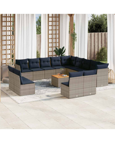 Salon de jardin avec coussins 14 pcs gris résine tressée | Mobilier & Déco