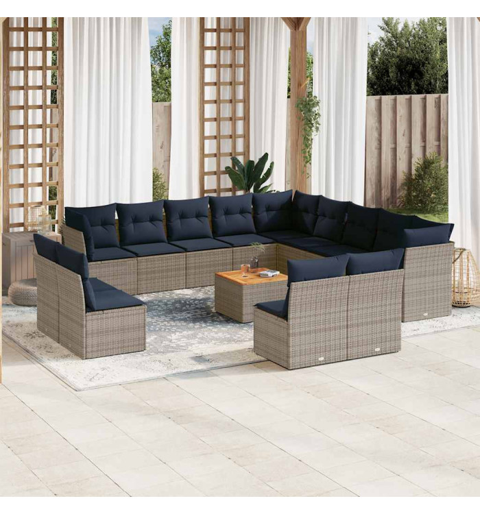 Salon de jardin avec coussins 14 pcs gris résine tressée | Mobilier & Déco