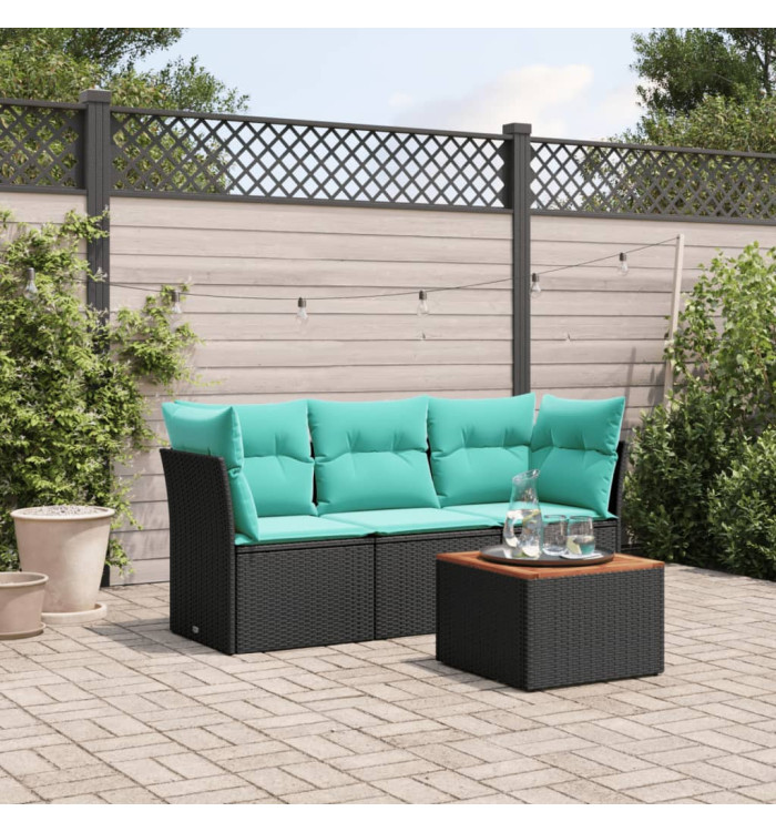 Salon de jardin 4 pcs avec coussins noir résine tressée | Mobilier & Déco