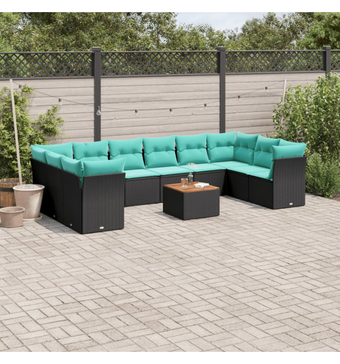 Salon de jardin 11 pcs avec coussins noir résine tressée | Mobilier & Déco