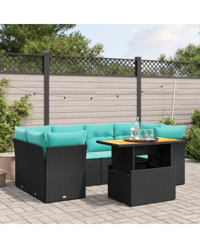 Salon de jardin 7 pcs avec coussins noir résine tressée | Mobilier & Déco