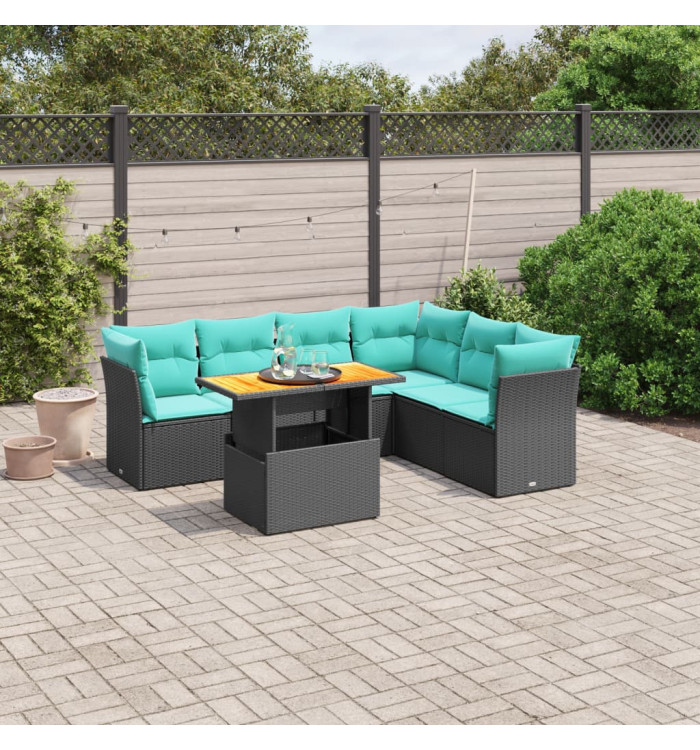Salon de jardin 7 pcs avec coussins noir résine tressée | Mobilier & Déco