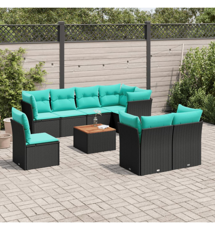 Salon de jardin 9 pcs avec coussins noir résine tressée | Mobilier & Déco