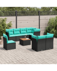 Salon de jardin 9 pcs avec coussins noir résine tressée | Mobilier & Déco