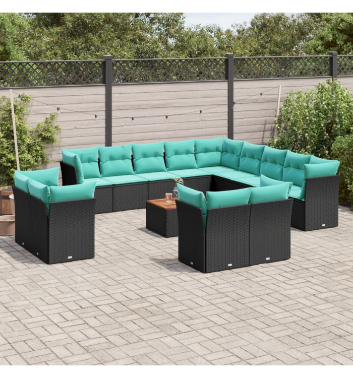 Salon de jardin avec coussins 14 pcs noir résine tressée | Mobilier & Déco