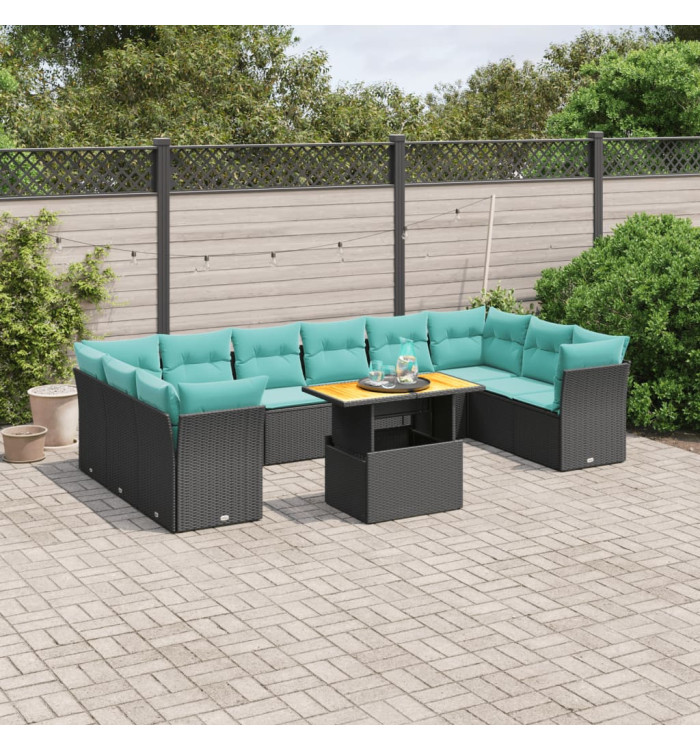 Salon de jardin 11 pcs avec coussins noir résine tressée | Mobilier & Déco