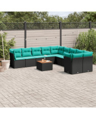 Salon de jardin 11 pcs avec coussins noir résine tressée | Mobilier & Déco