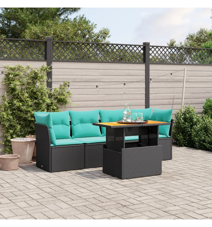 Salon de jardin 5 pcs avec coussins noir résine tressée | Mobilier & Déco