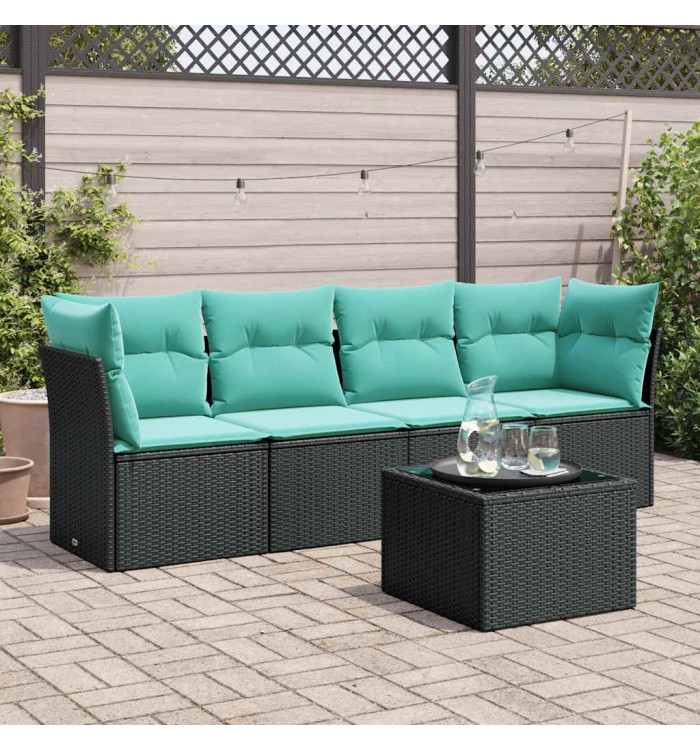 Salon de jardin 5 pcs avec coussins noir résine tressée | Mobilier & Déco