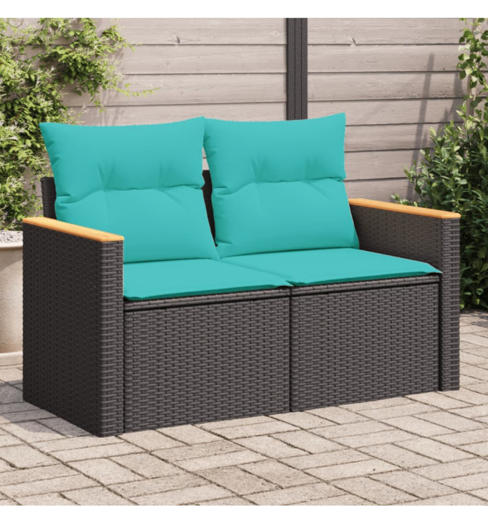 Canapé de jardin avec coussins 2 places noir résine tressée | Mobilier & Déco