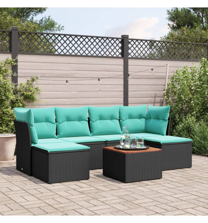 Salon de jardin 7 pcs avec coussins noir résine tressée | Mobilier & Déco