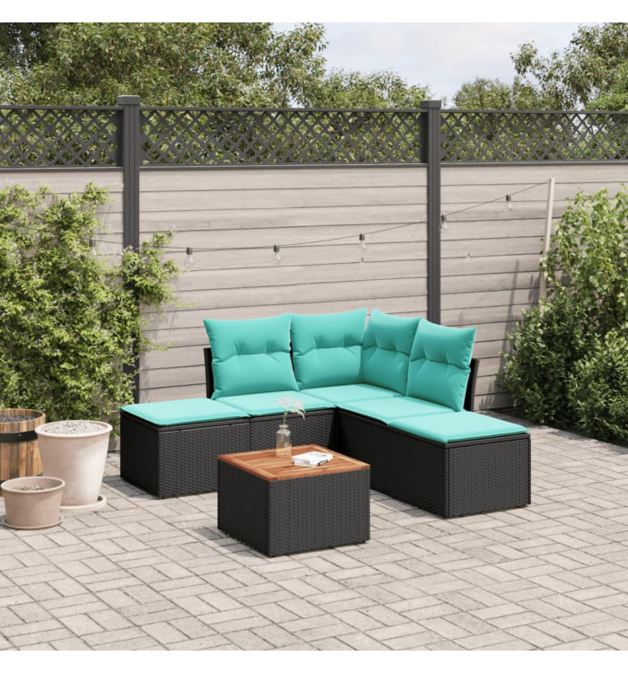 Salon de jardin 6 pcs avec coussins noir résine tressée | Mobilier & Déco