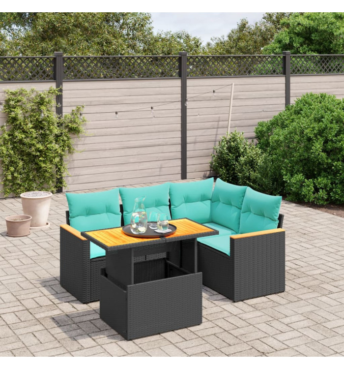 Salon de jardin 5 pcs avec coussins noir résine tressée | Mobilier & Déco