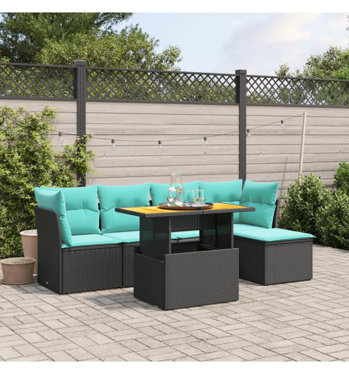 Salon de jardin 6 pcs avec coussins noir résine tressée | Mobilier & Déco