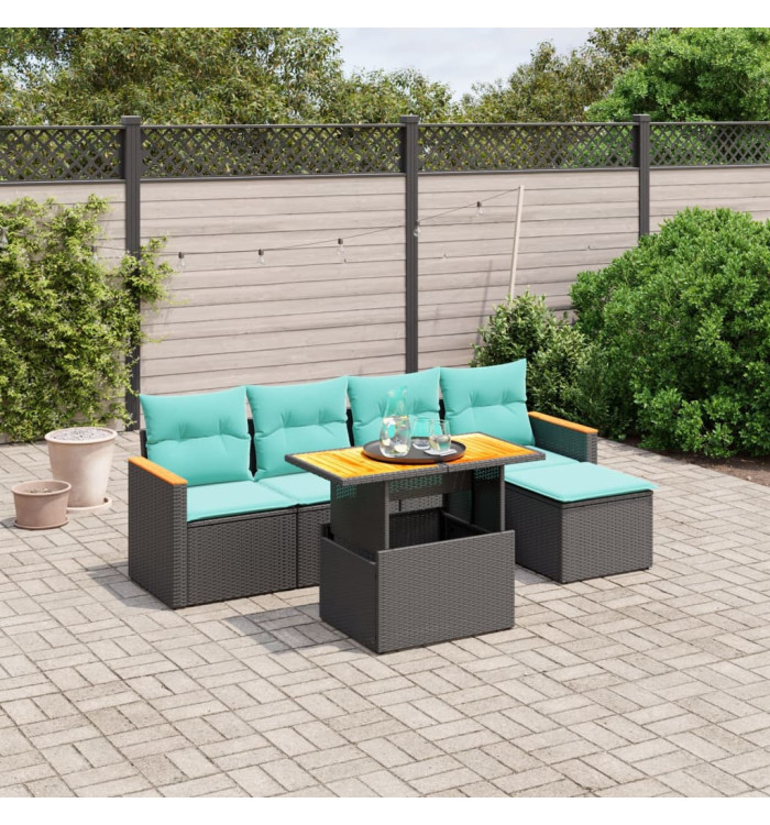 Salon de jardin 6 pcs avec coussins noir résine tressée | Mobilier & Déco
