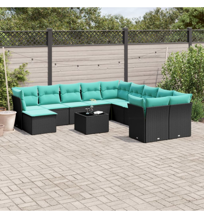 Salon de jardin avec coussins 12 pcs noir résine tressée | Mobilier & Déco