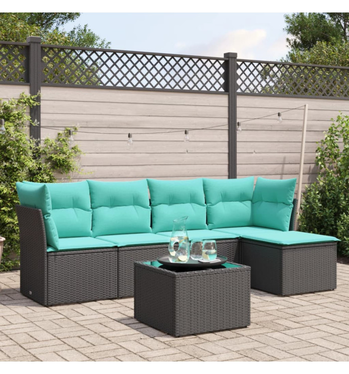 Salon de jardin 6 pcs avec coussins noir résine tressée | Mobilier & Déco