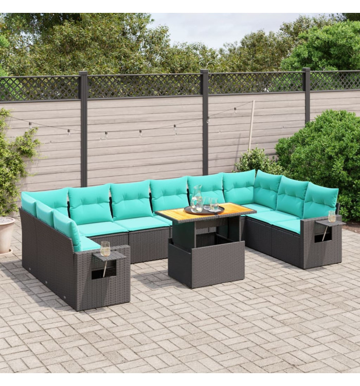 Salon de jardin 11 pcs avec coussins noir résine tressée | Mobilier & Déco