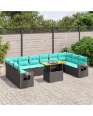 Salon de jardin 11 pcs avec coussins noir résine tressée | Mobilier & Déco