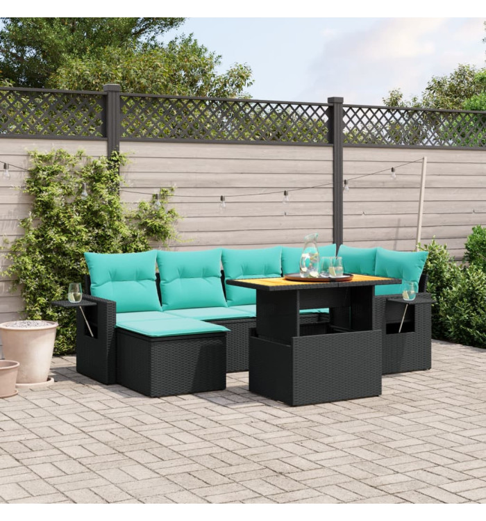 Salon de jardin 7 pcs avec coussins noir résine tressée | Mobilier & Déco