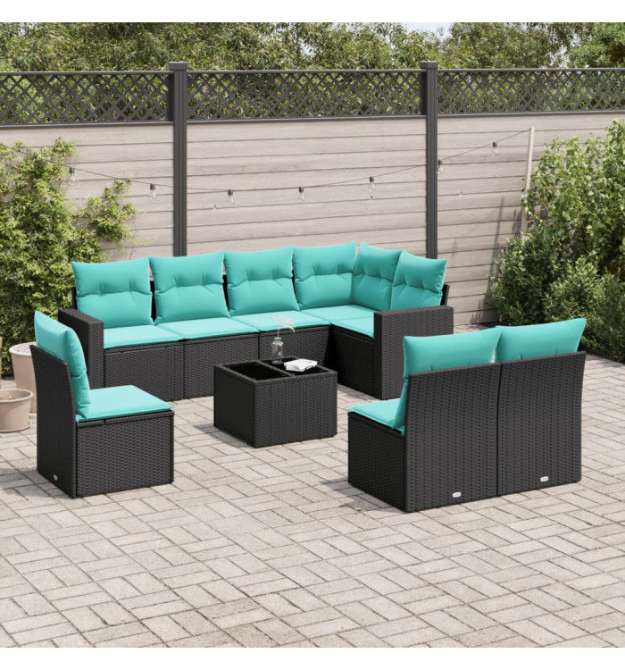 Salon de jardin 9 pcs avec coussins noir résine tressée | Mobilier & Déco