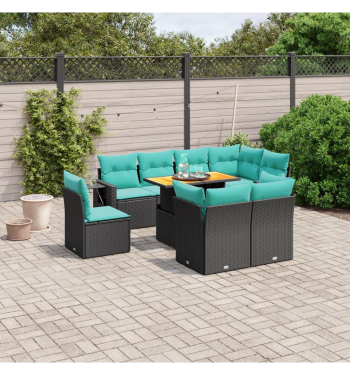 Salon de jardin 9 pcs avec coussins noir résine tressée | Mobilier & Déco