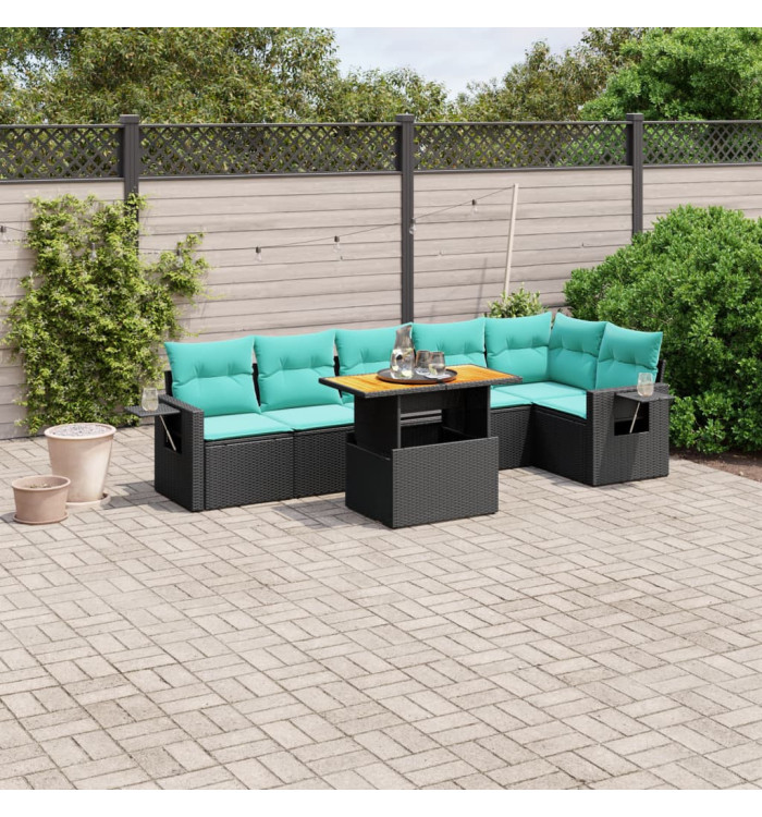 Salon de jardin 7 pcs avec coussins noir résine tressée | Mobilier & Déco