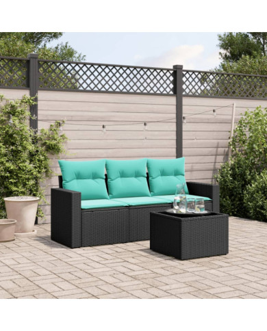 Salon de jardin 4 pcs avec coussins noir résine tressée | Mobilier & Déco