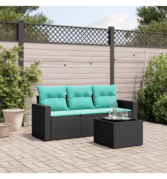 Salon de jardin 4 pcs avec coussins noir résine tressée | Mobilier & Déco