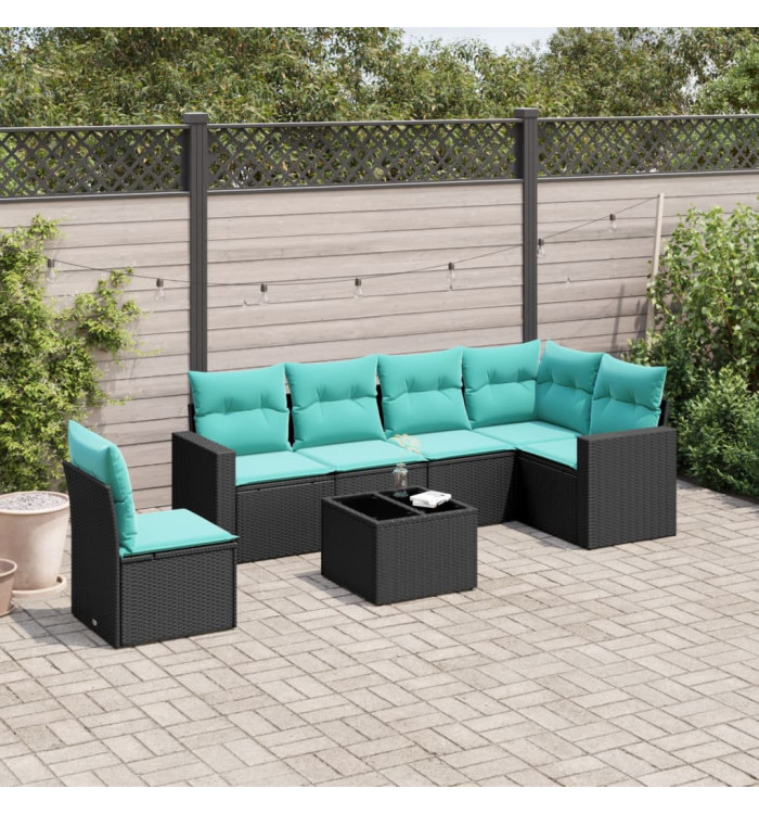 Salon de jardin 7 pcs avec coussins noir résine tressée | Mobilier & Déco