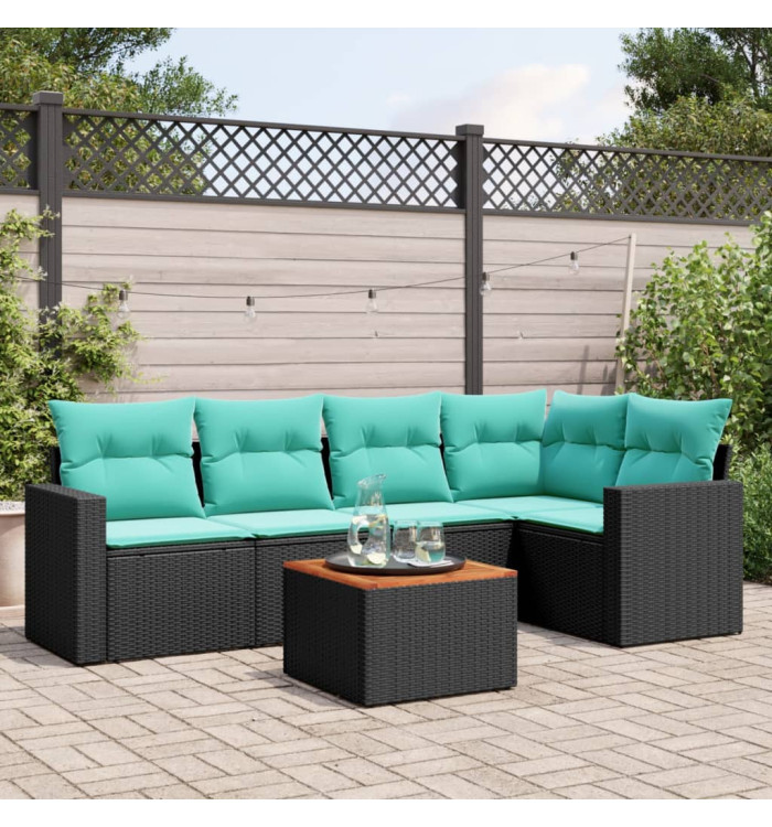 Salon de jardin 6 pcs avec coussins noir résine tressée | Mobilier & Déco