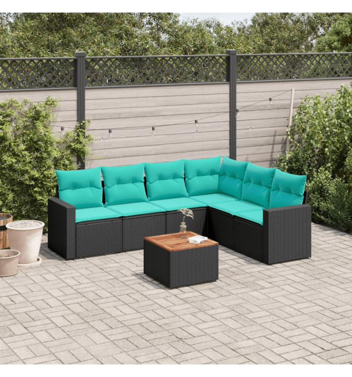 Salon de jardin 7 pcs avec coussins noir résine tressée | Mobilier & Déco