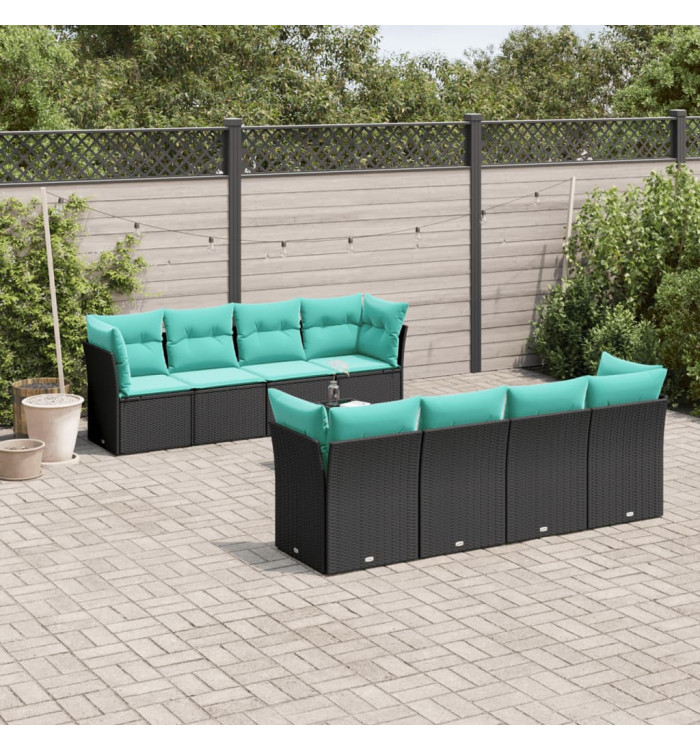 Salon de jardin 9 pcs avec coussins noir résine tressée | Mobilier & Déco