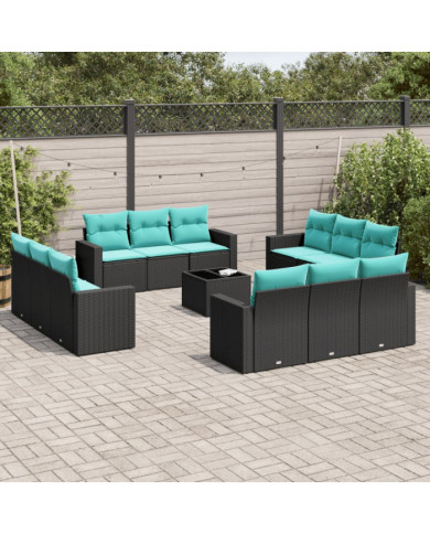 Salon de jardin avec coussins 13 pcs noir résine tressée | Mobilier & Déco