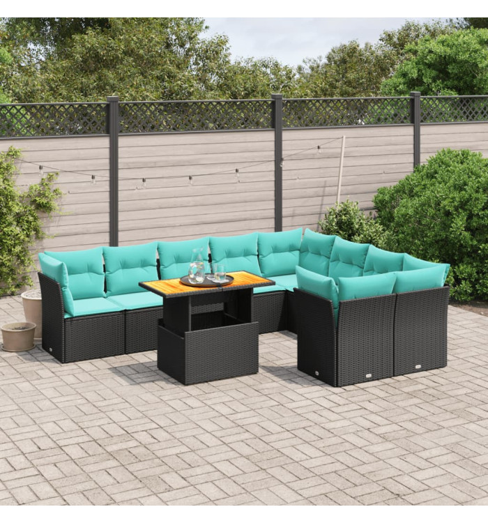 Salon de jardin 10 pcs avec coussins noir résine tressée | Mobilier & Déco
