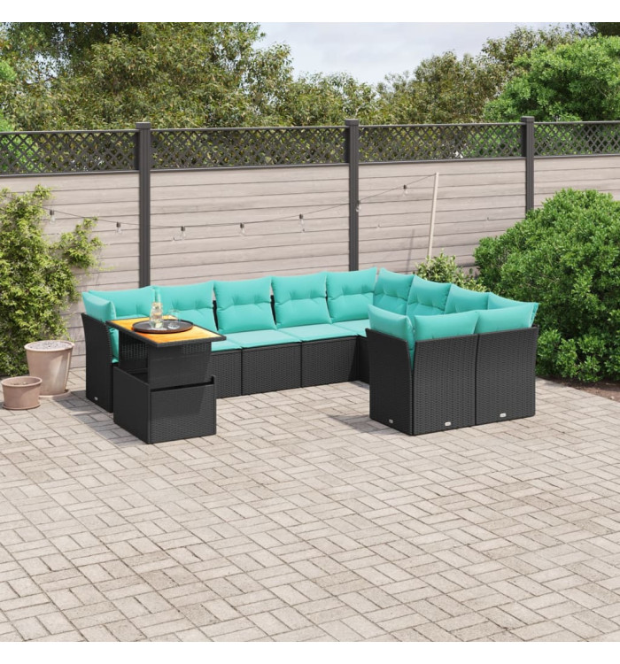 Salon de jardin 10 pcs avec coussins noir résine tressée | Mobilier & Déco