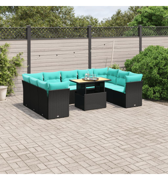 Salon de jardin 10 pcs avec coussins noir résine tressée | Mobilier & Déco