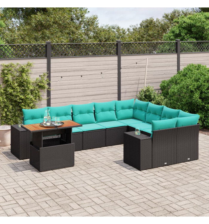 Salon de jardin 10 pcs avec coussins noir résine tressée | Mobilier & Déco
