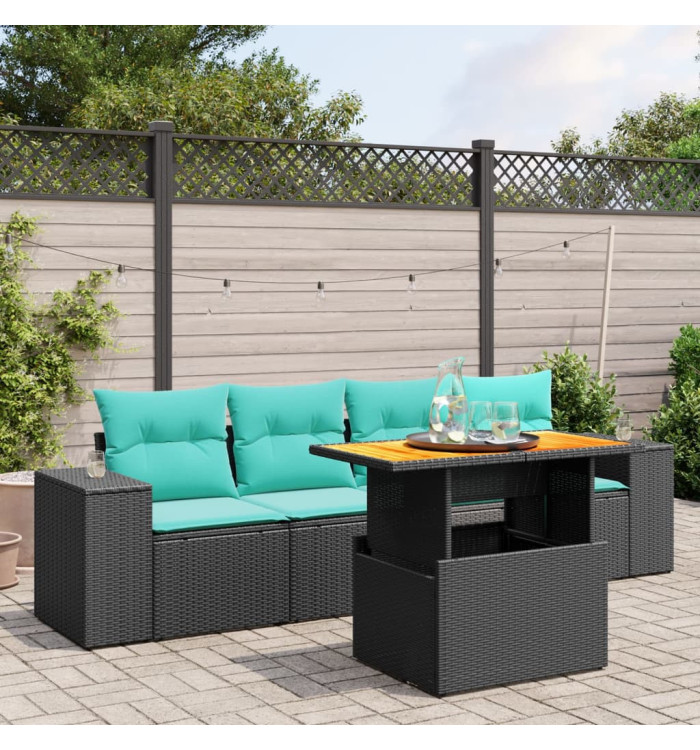 Salon de jardin 5 pcs avec coussins noir résine tressée | Mobilier & Déco