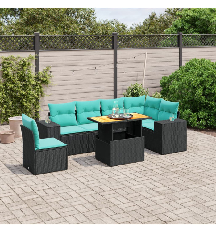 Salon de jardin 7 pcs avec coussins noir résine tressée | Mobilier & Déco