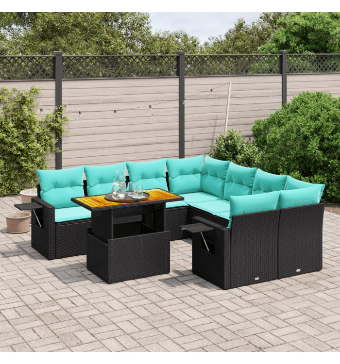 Salon de jardin 9 pcs avec coussins noir résine tressée | Mobilier & Déco