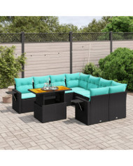 Salon de jardin 9 pcs avec coussins noir résine tressée | Mobilier & Déco